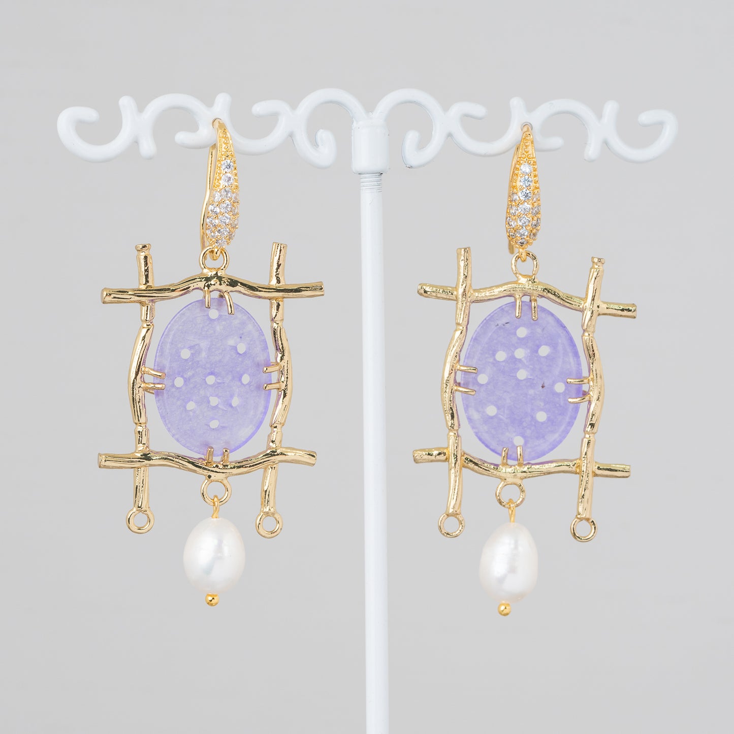 Bronze Monachella Earrings With Rhinestones And Burma Jade Component With River Pearls 27x60mm Lilac