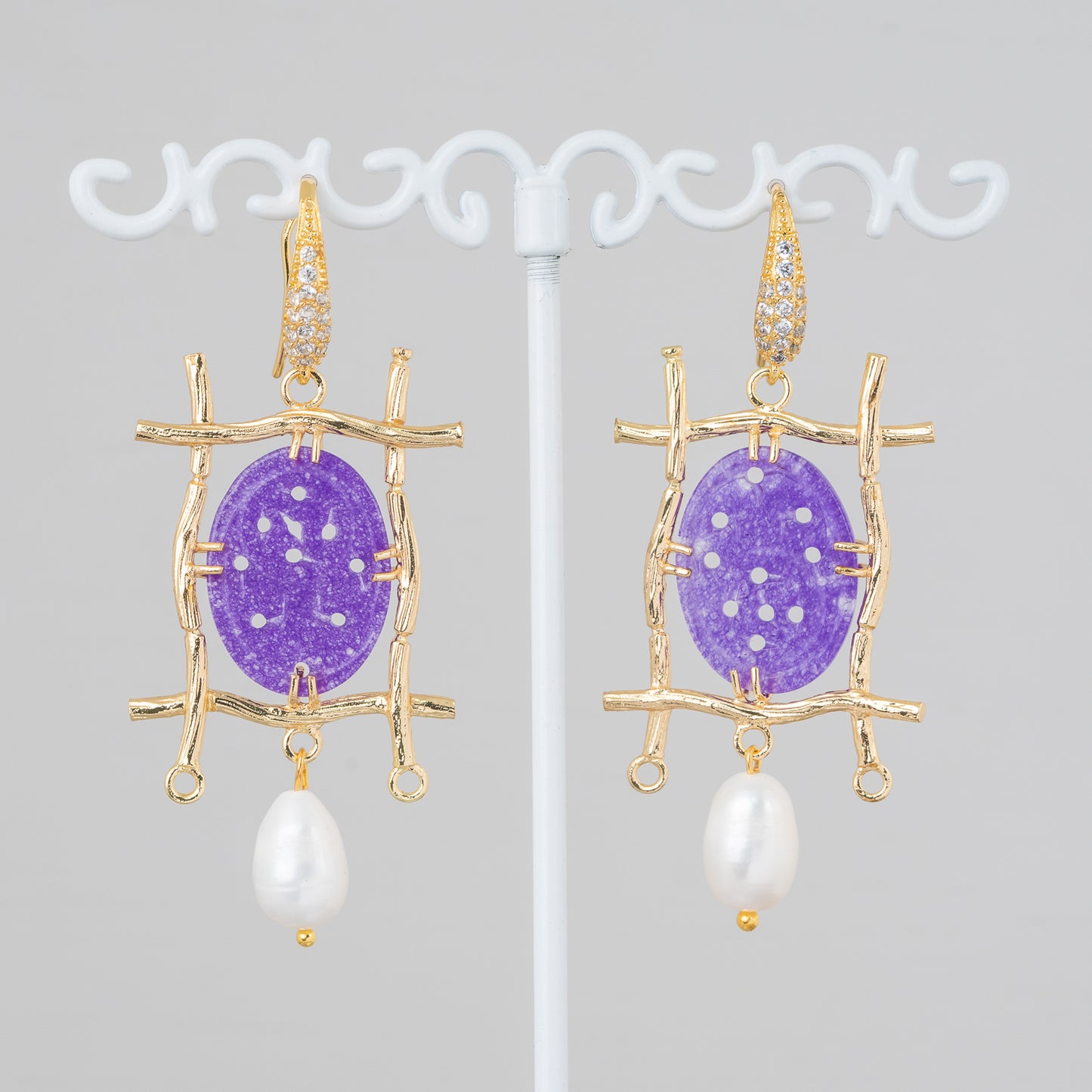 Bronze Earring with Rhinestone and Burma Jade Component with River Pearls 27x60mm Purple