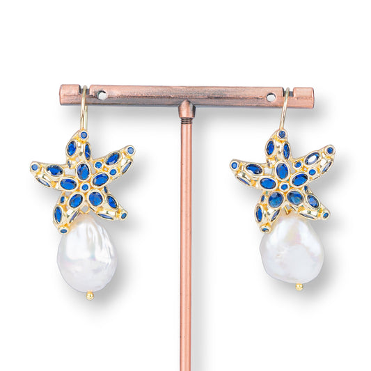 Starfish Monachella Earrings in Bronze with Zircons and Blue Baroque Pearls