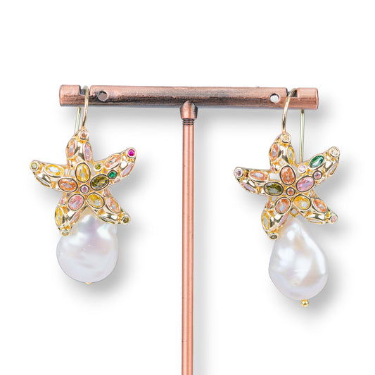 Starfish Monachella Earrings in Bronze with Zircons and Multicolor Baroque Pearls