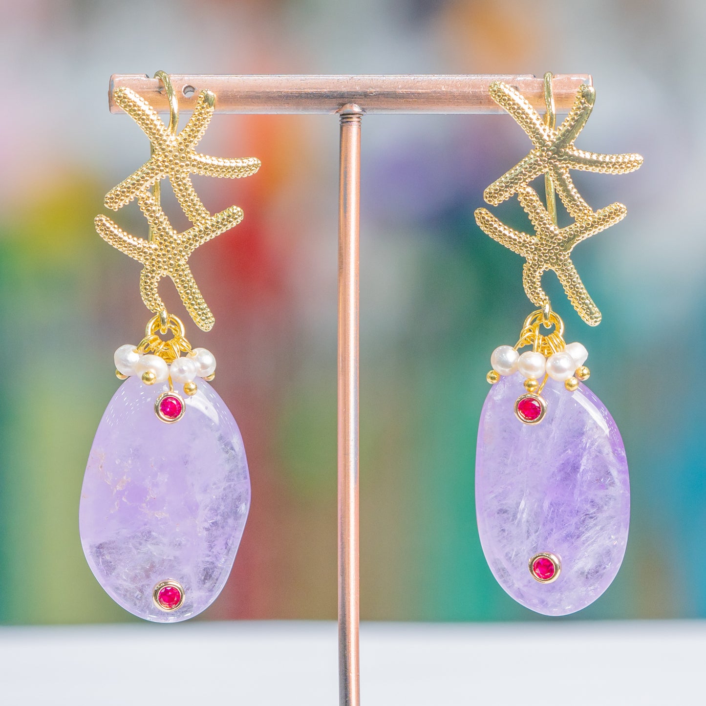 Bronze Starfish Earrings with Lavender Amethyst and Light Points - Marine Elegance for Every Occasion
