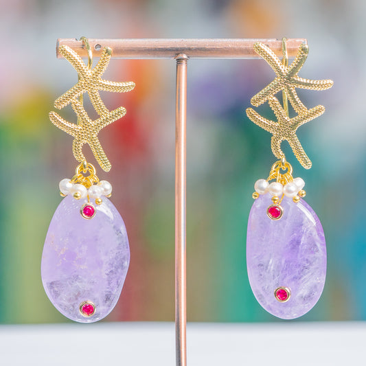 Bronze Starfish Earrings with Lavender Amethyst and Light Points - Marine Elegance for Every Occasion
