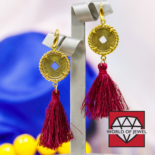 Vintage Coin Brass Monachella Earrings with Red Tassels - Unique Elegance