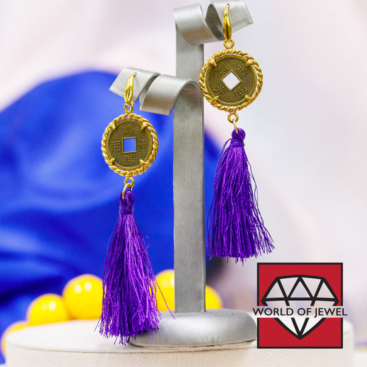 Elegant Brass Earrings with Antique Coins and Purple Tassels - A Touch of History and Style