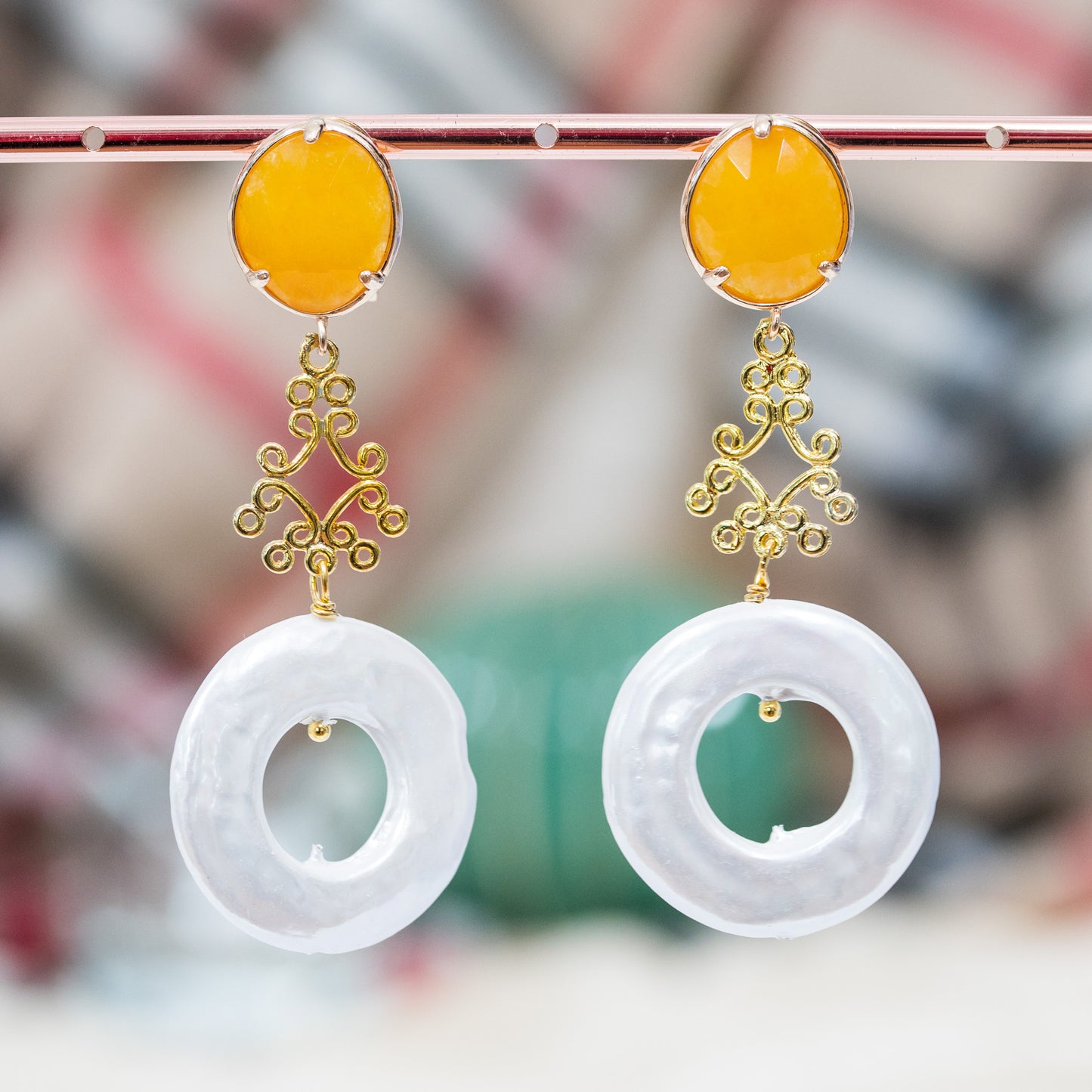 Natural Elegance Earrings: Bronze and Jade with Majorca Pearls