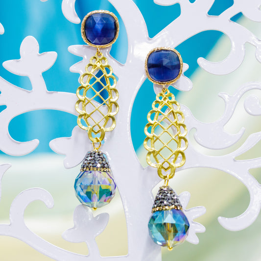 Elegant Bronze Earrings with Cat's Eye Cabochon and Jade and Blue Marcasite Details