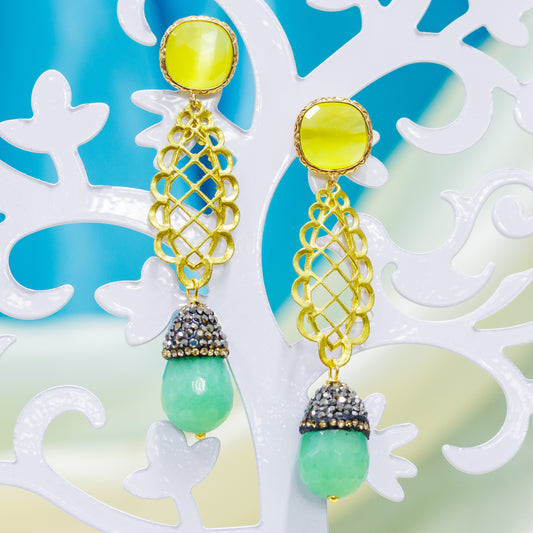 Natural Elegance: Bronze Stud Earrings with Cat's Eye and Jade Cabochon