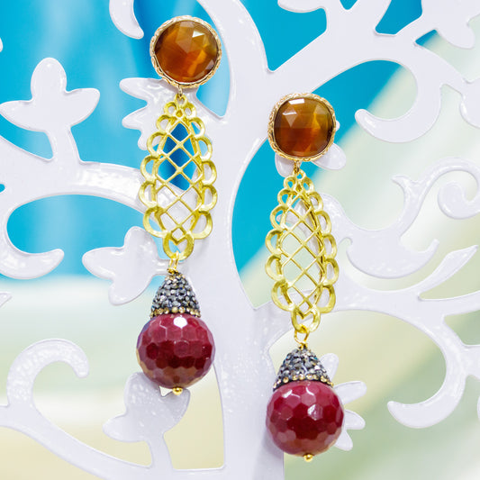 Natural Elegance: Bronze Earrings with Cat's Eye Cabochon and Jade