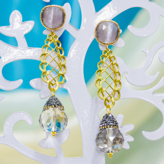 Natural Elegance Earrings: Bronze and Cat's Eye with Jade and Marcasite