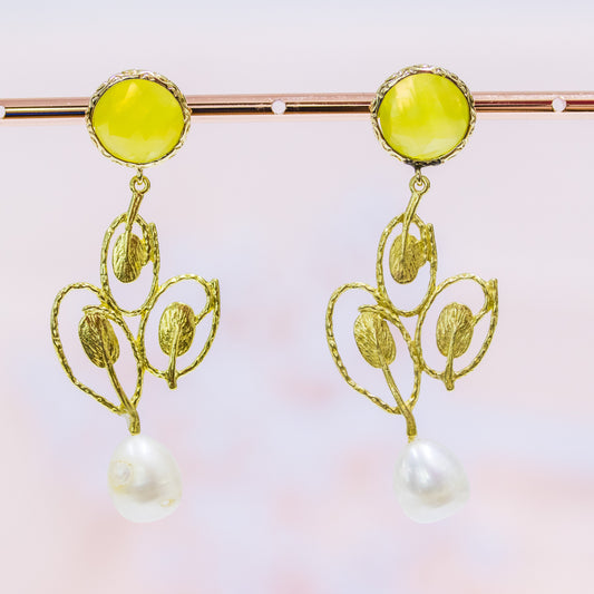 Elegant Bronze Earrings with Cat's Eye Cabochon and Yellow River Pearls
