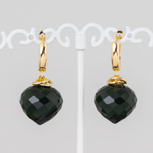 Bronze Stud Earrings With Crystal Drop Cabochon 17x34mm Gold Black