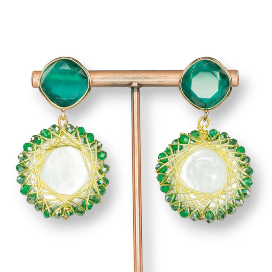 Elegant Bronze Stud Earrings with Crystals and Hard Stones Mallorca White 30x45mm