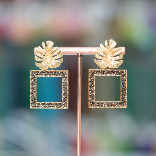 Bronze Stud Earrings With Marcasite Square Element Rhinestone 25x44mm Gold