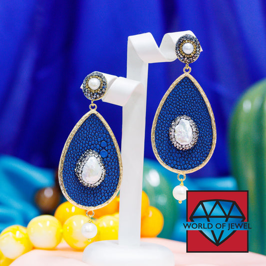 Blue Elegance Earrings: Bronze, Marcasite and River Pearls
