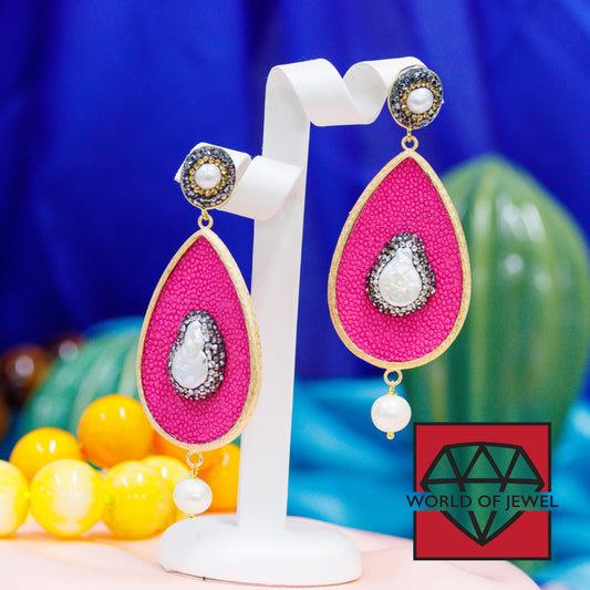 Elegant Bronze Earrings with Marcasite and Fuchsia River Pearls