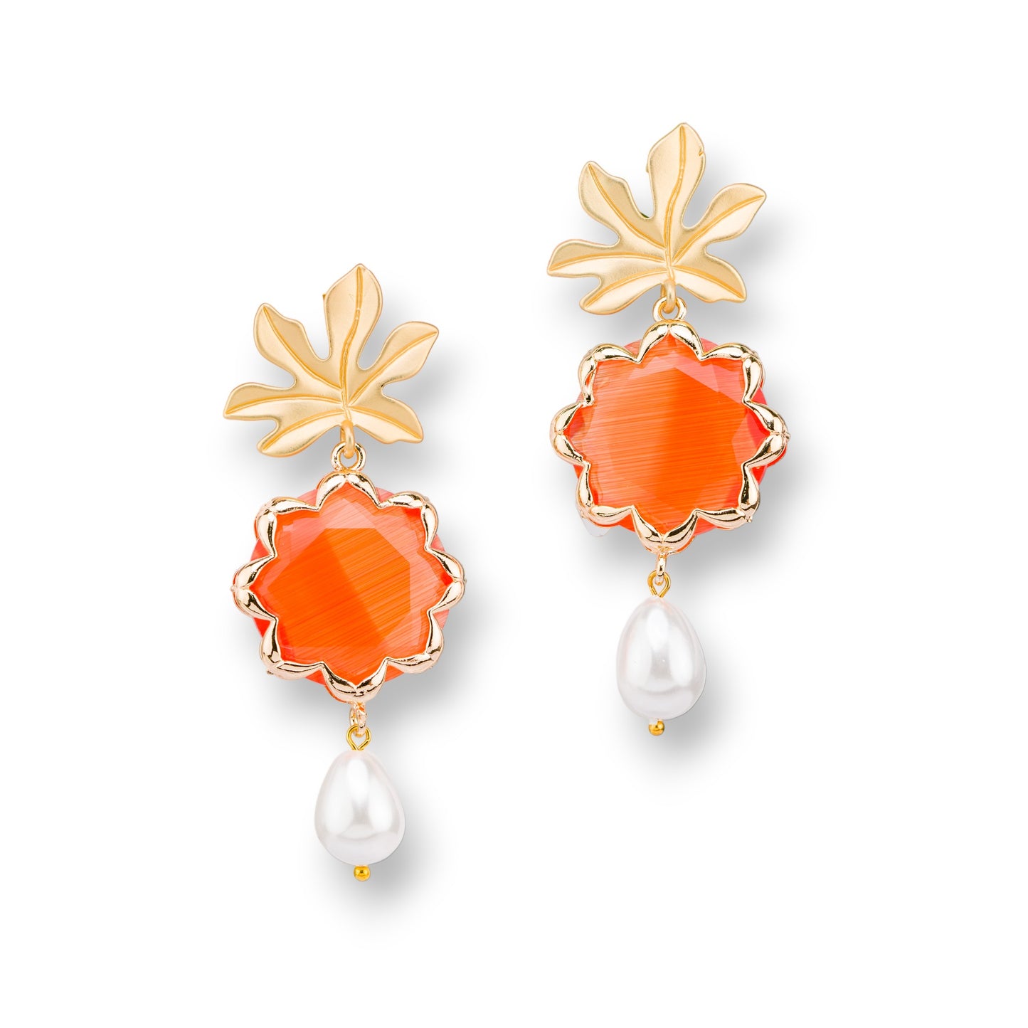 Bronze Cat's Eye Flower Stud Earrings with Mallorca Pearls 30x68mm Orange