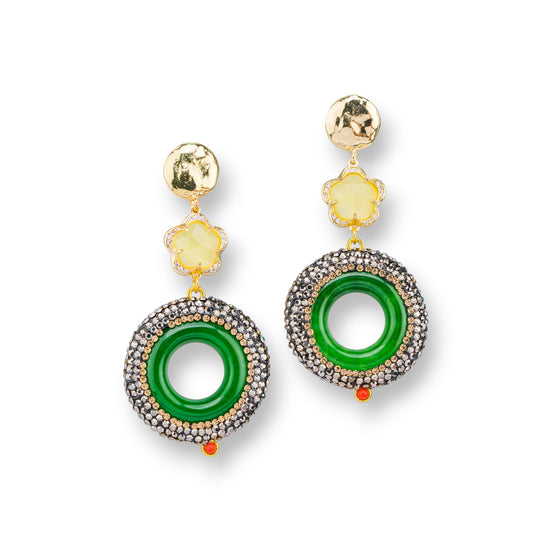 Bronze Cat's Eye Stud Earrings Set with Jade Marcasite Hoop 30x64mm Yellow