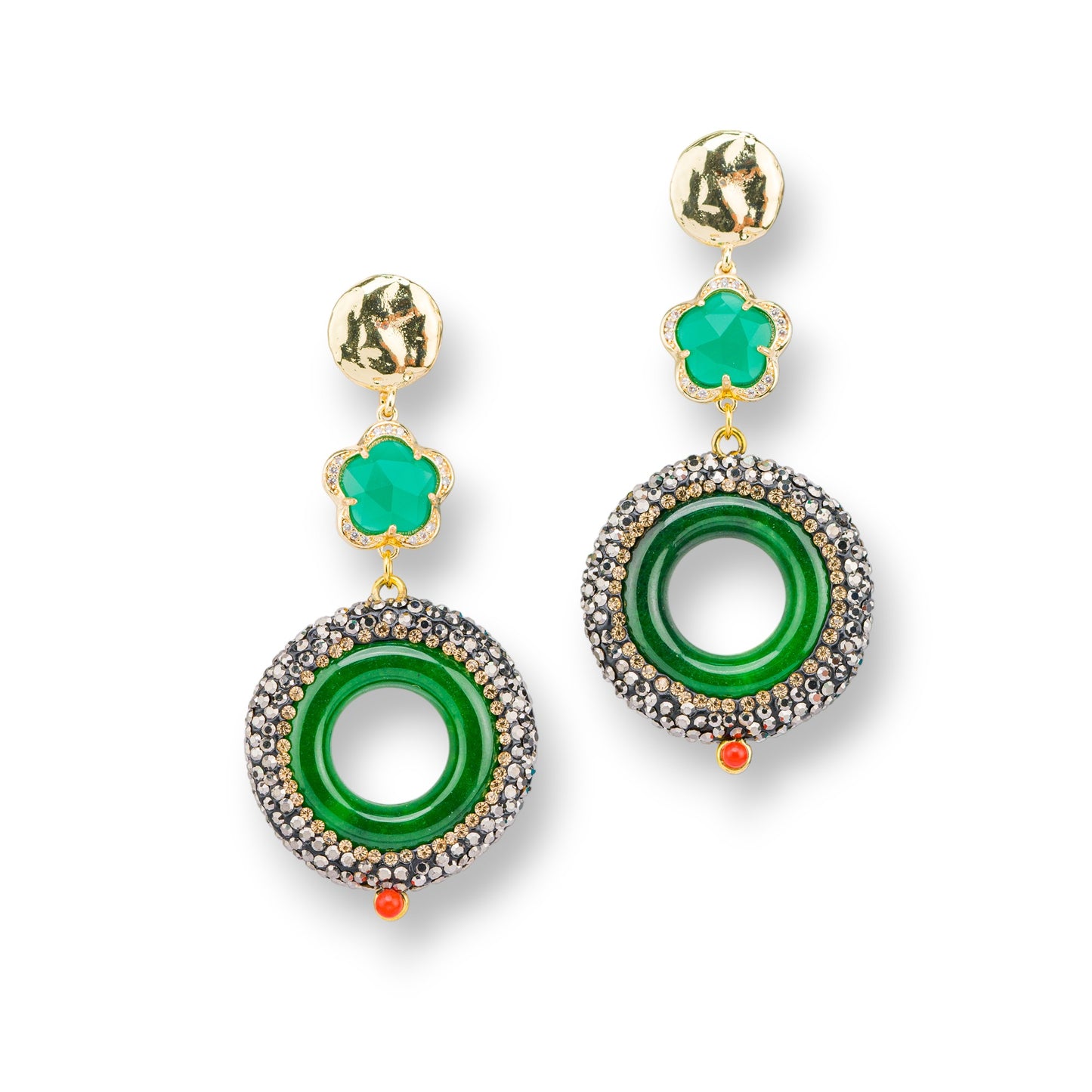 Bronze Cat's Eye Stud Earrings With Jade Marcasite Hoop 30x64mm Green