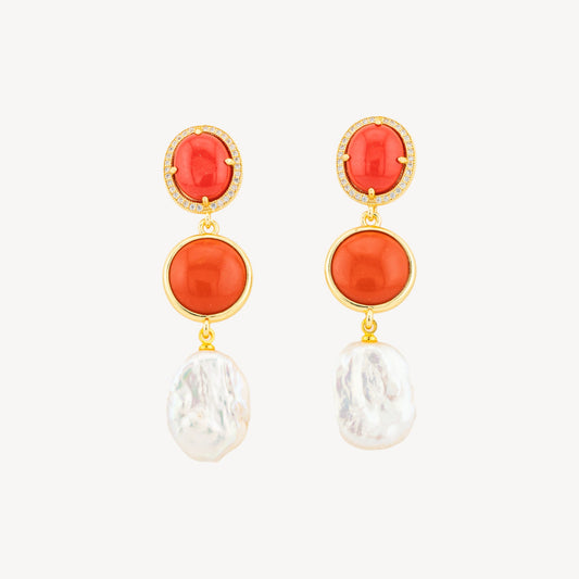 Elegant Bronze Earrings with Coral and Baroque Pearls – Natural Refinement 15x60mm