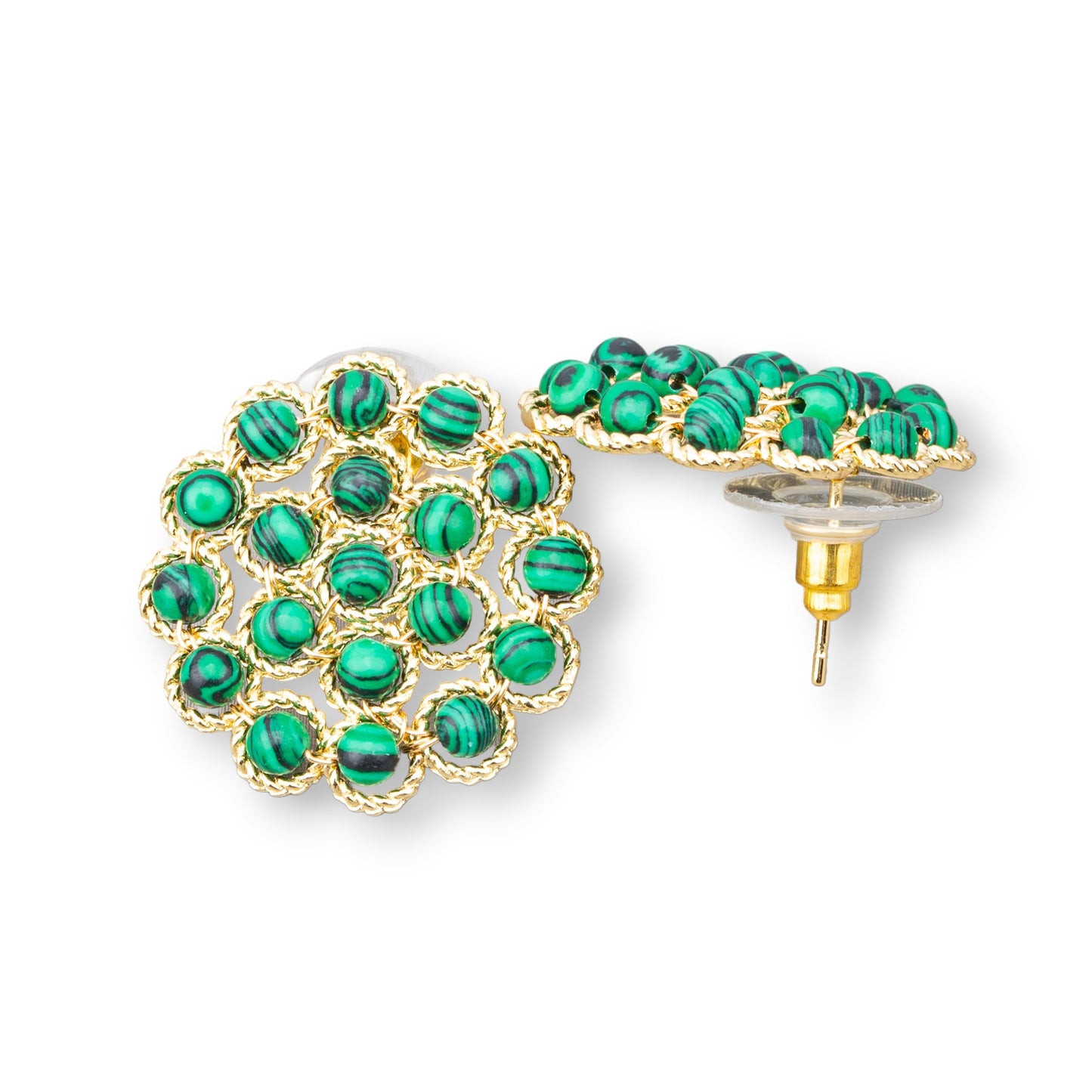 24mm Malachite Paste Beaded Bronze Stud Earrings