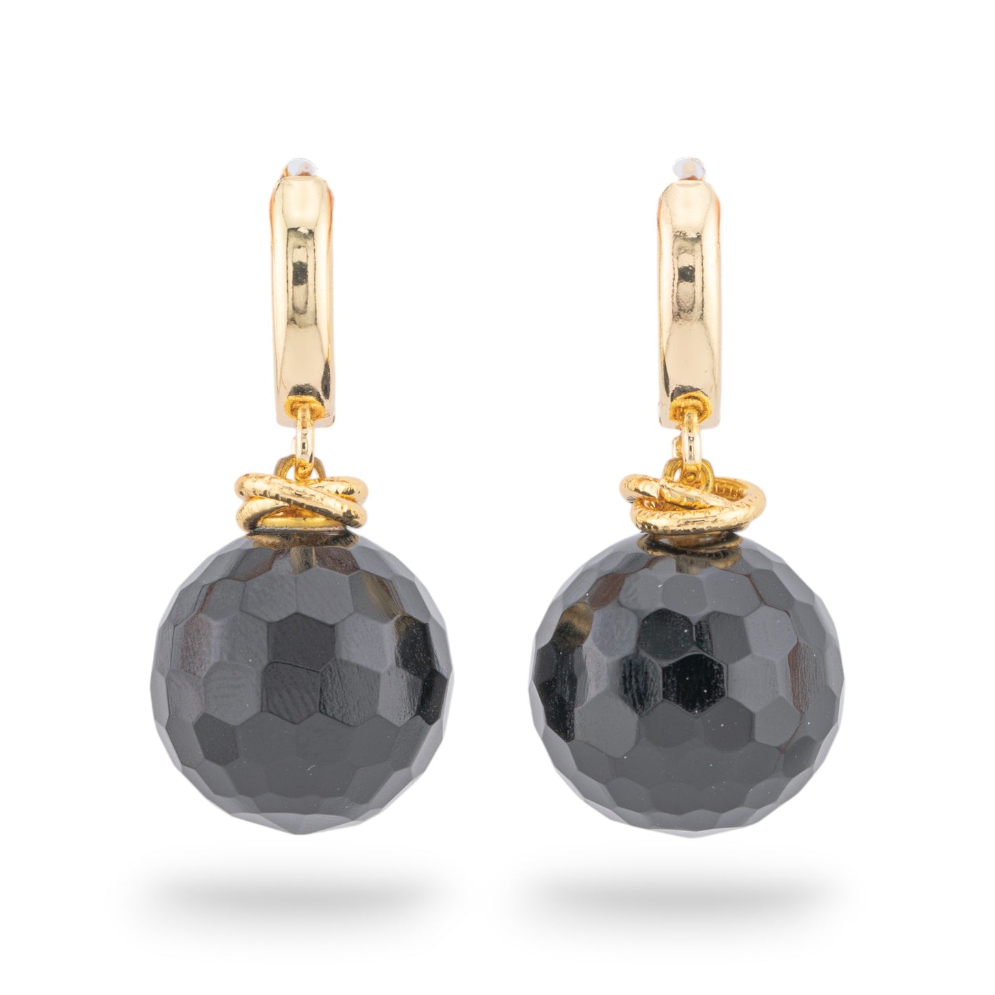 16mm Faceted Onyx Ball Bronze Stud Earrings Gold