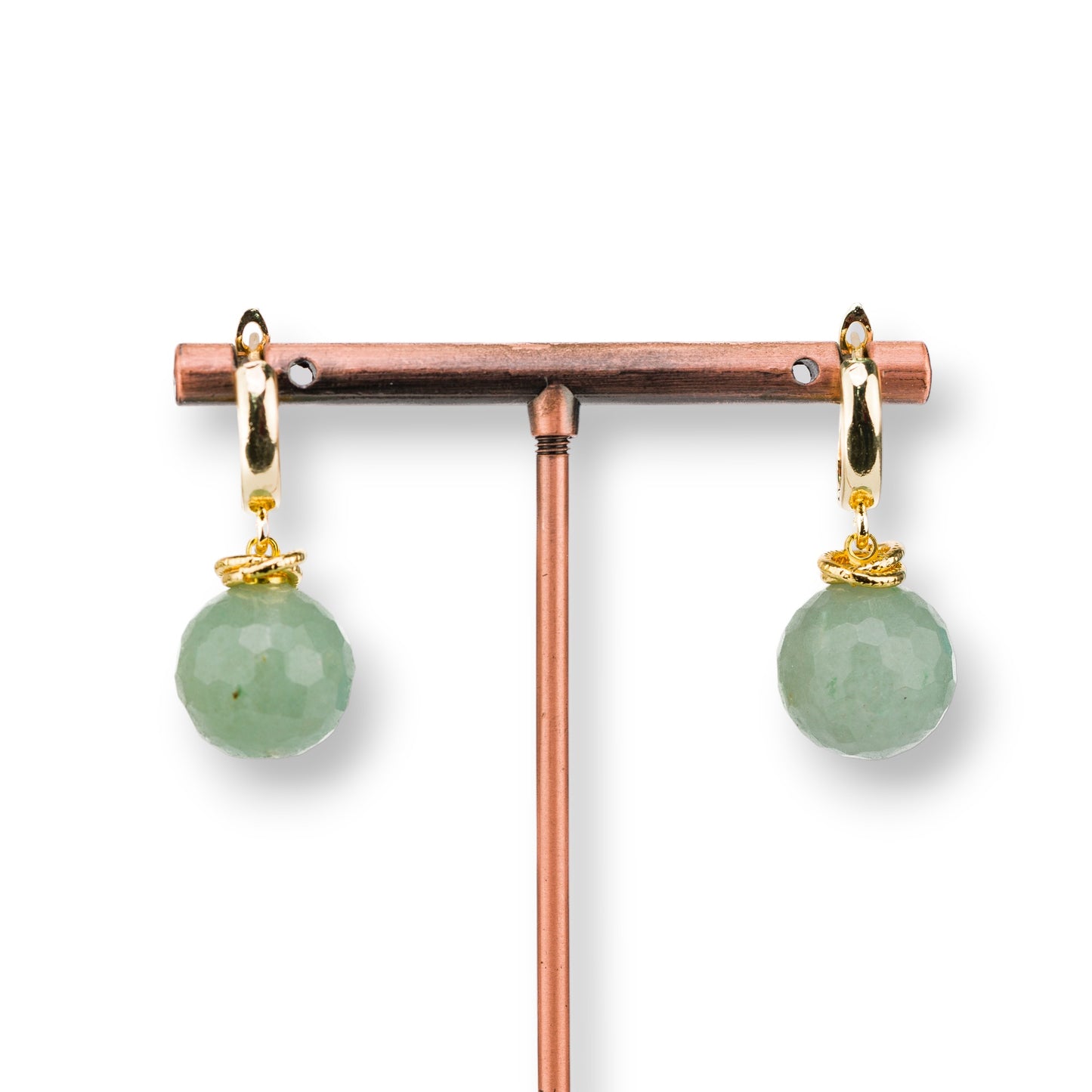 14mm Faceted Gemstone Ball Bronze Stud Earrings Gold Green Aventurine