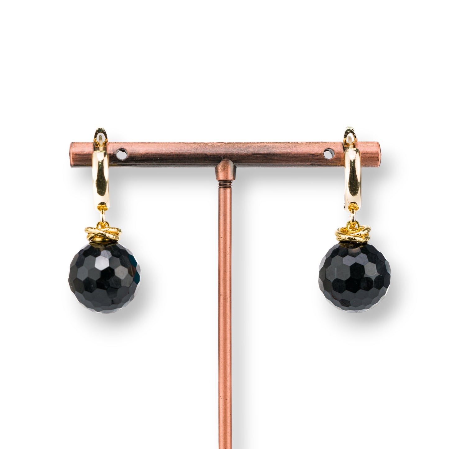 14mm Faceted Gemstone Ball Bronze Stud Earrings Gold Onyx