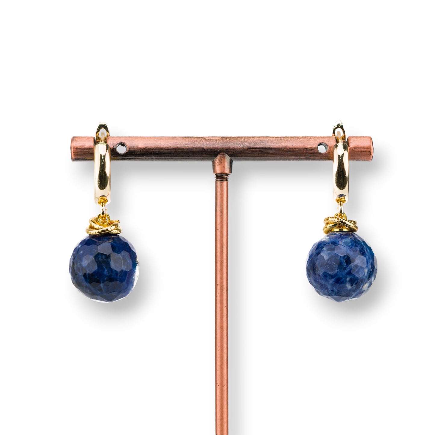 14mm Faceted Gemstone Ball Bronze Stud Earrings Gold Sodalite