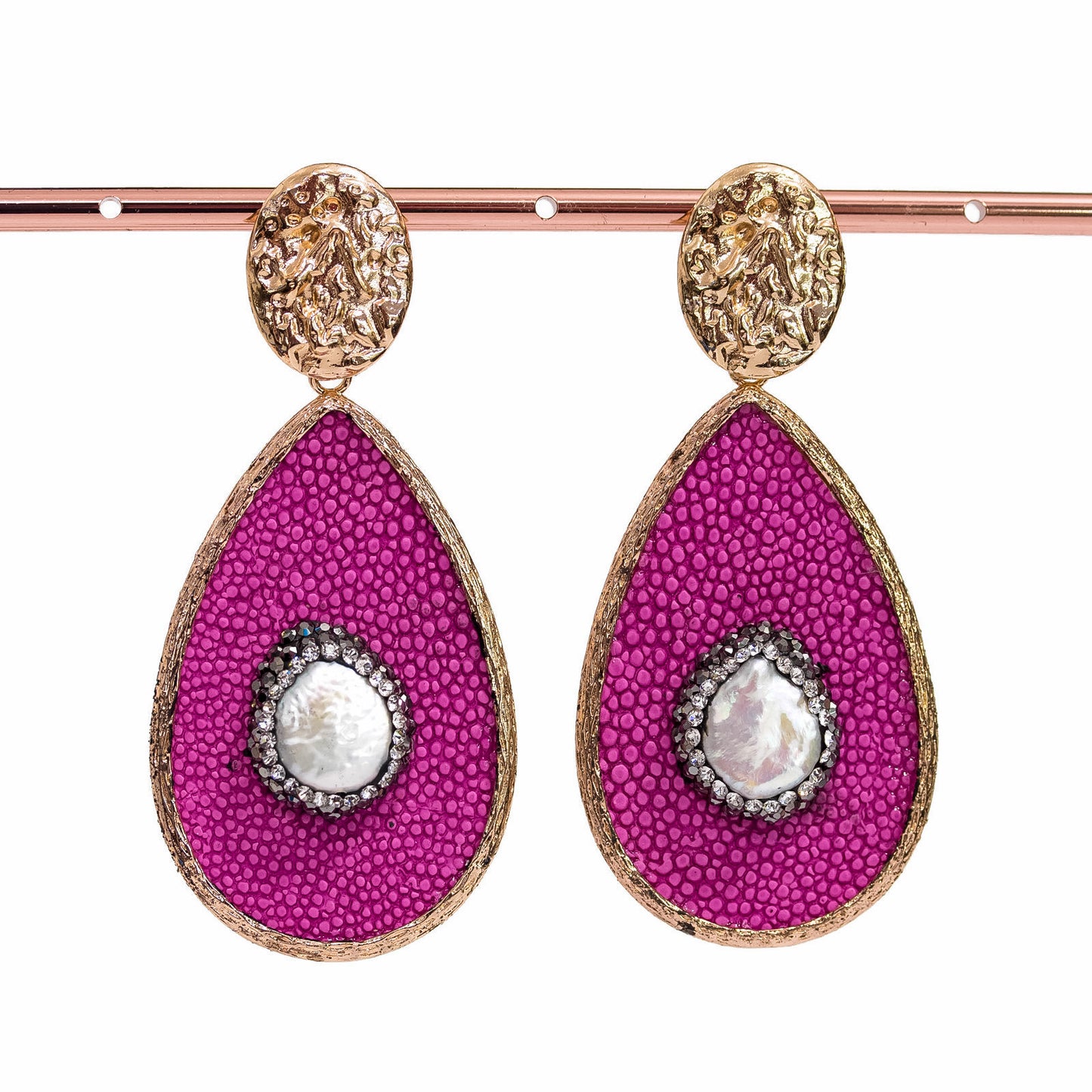 Unique Elegance: Bronze Stud Earrings with Pink Fuchsia Faux Leather and Marcasite