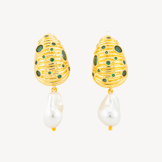 Botanical Elegance Earrings: Bronze Shell with Zirconia and Green Baroque Pearls
