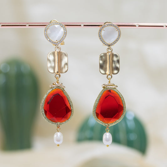 Fluorescent Elegance Earrings: Bronze, Zircons and Cat's Eye with Pearls