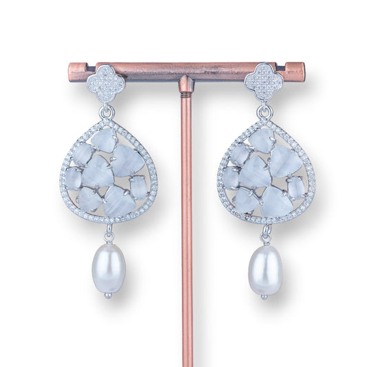 Bronze Four Leaf Clover Earrings with Cat's Eye Drop and River Pearls - Natural Elegance