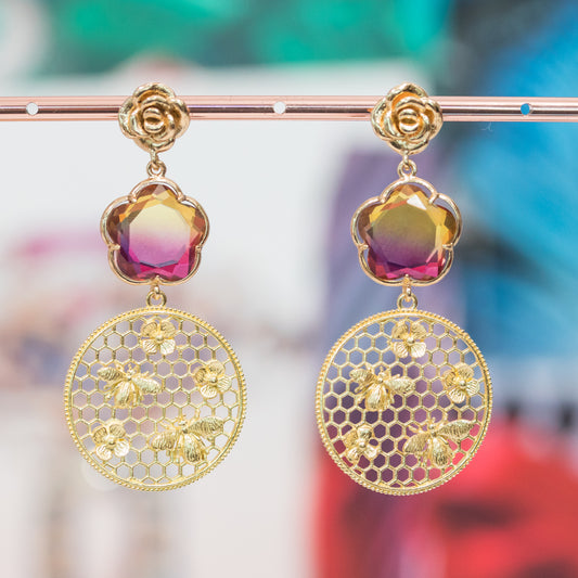 Elegant Rose Bronze Cat Eye Flower Earrings with Creative Pendant