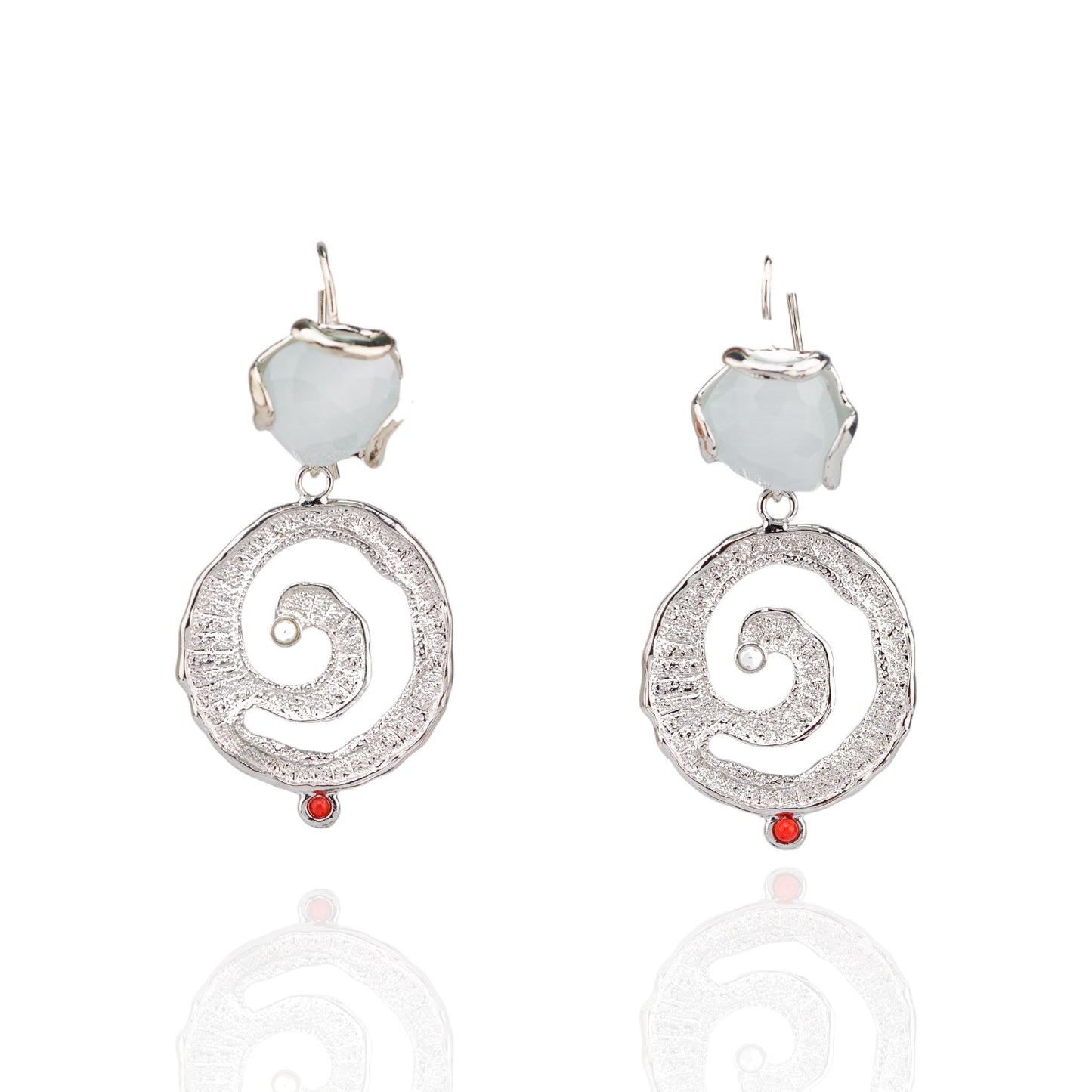 Bronze Earrings With Cat's Eye And Zama Pendant 30x60mm Rhodium Plated White Circle