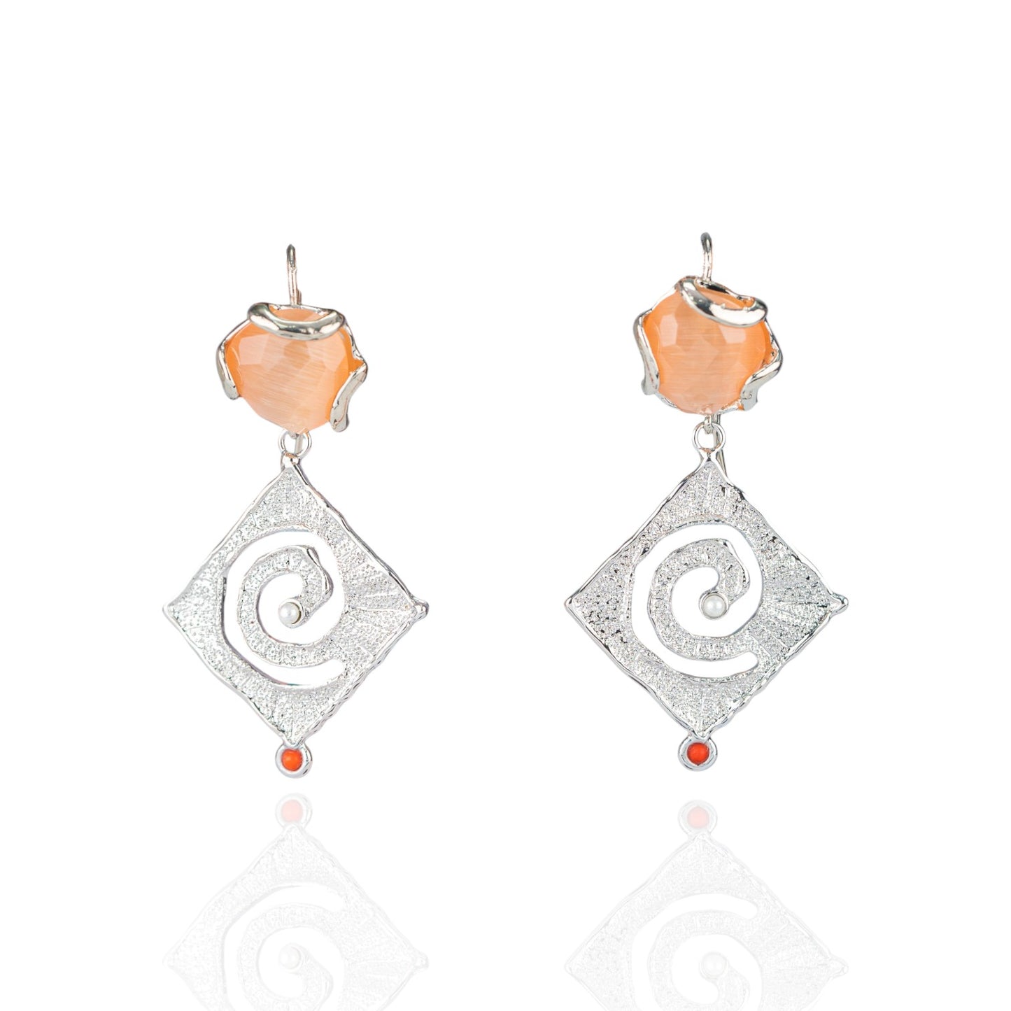 Bronze Earrings With Cat's Eye And Zama Pendant 30x60mm Rhodium Plated Peach Rhombus