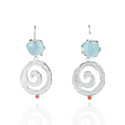 Bronze Earrings With Cat's Eye And Zama Pendant 30x60mm Rhodium Round Light Blue