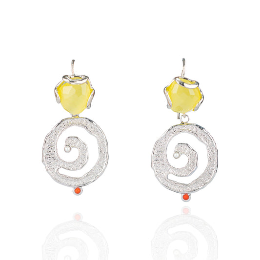 Bronze Earrings With Cat's Eye And Zama Pendant 30x60mm Rhodium Round Yellow