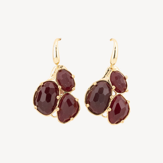 Elegant Earrings in Gilded Bronze with Pendant of Hard Stones: Jade and Ruby