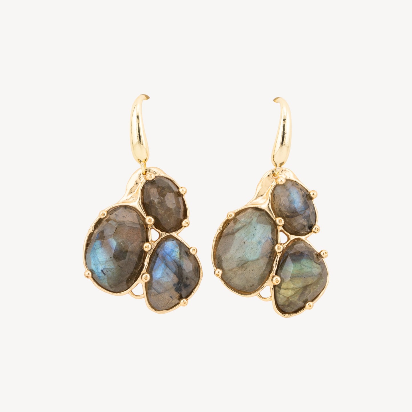 Elegant Gold-Plated Bronze Earrings with Grey Labradorite Pendant and Semi-Precious Stones