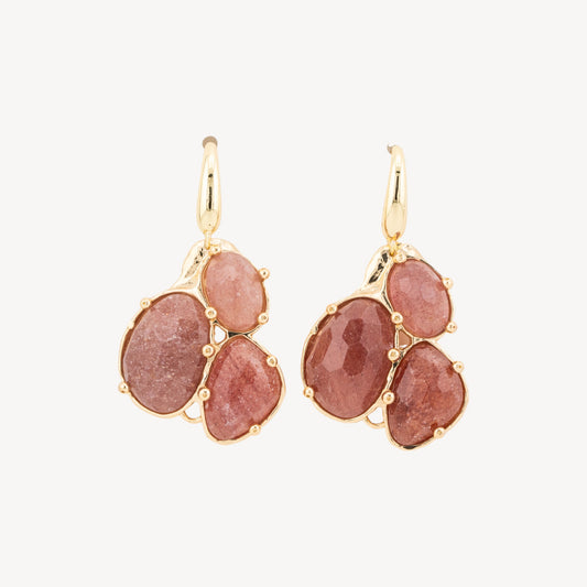 Elegant Golden Earrings with Pendant in Strawberry Quartz and Semiprecious Stones