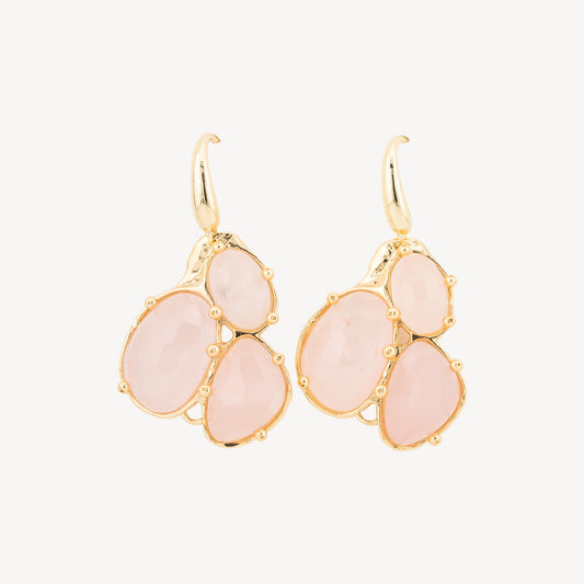 Elegant Golden Bronze Earrings with Rose Quartz and Hard Stone Pendant