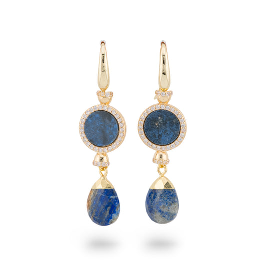 Bronze Monachella Earrings with Golden Lapis Lazuli and Zircon Gemstones