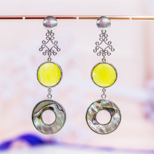 Elegant Bronze Earrings with White Mother of Pearl and Yellow Cat's Eye