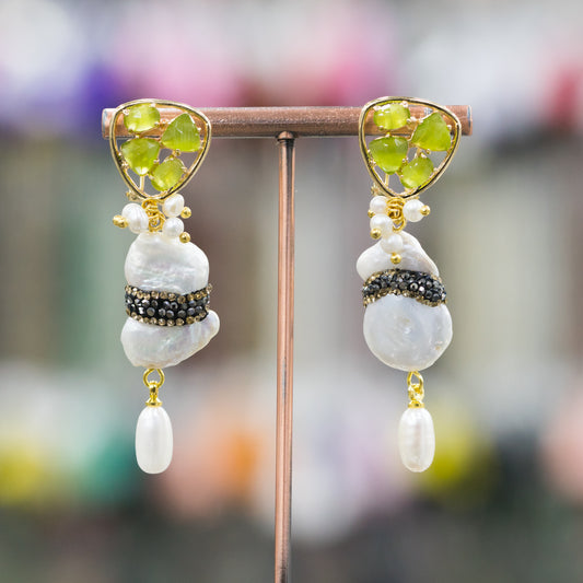 Green Elegance Earrings: Bronze, Cat's Eyes and River Pearls