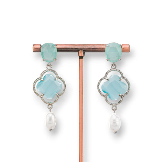 Elegant Bronze Earrings with Cat's Eye and River Pearls - 20x58mm, Aqua Tone
