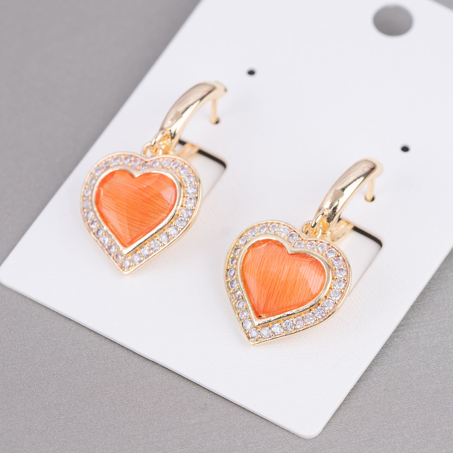 Bronze Closed Stud Earrings With Zirconia And Cat's Eye Heart 18x33mm Orange Gold