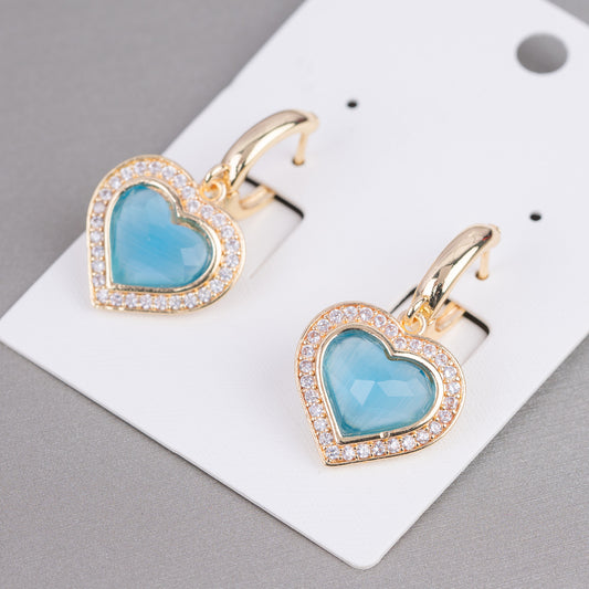 Bronze Closed Stud Earrings With Zirconia And Cat's Eye Heart 18x33mm Golden Light Blue