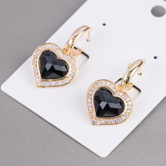 Bronze Closed Stud Earrings With Zirconia And Cat's Eye Heart 18x33mm Gold Black