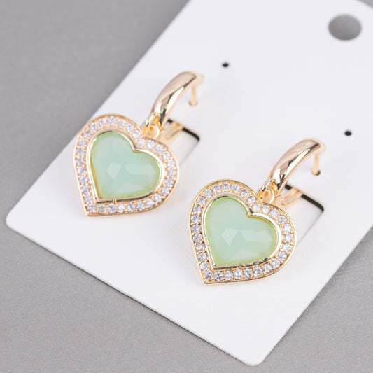 Bronze Closed Stud Earrings With Zirconia And Cat's Eye Heart 18x33mm Gold Aqua Green