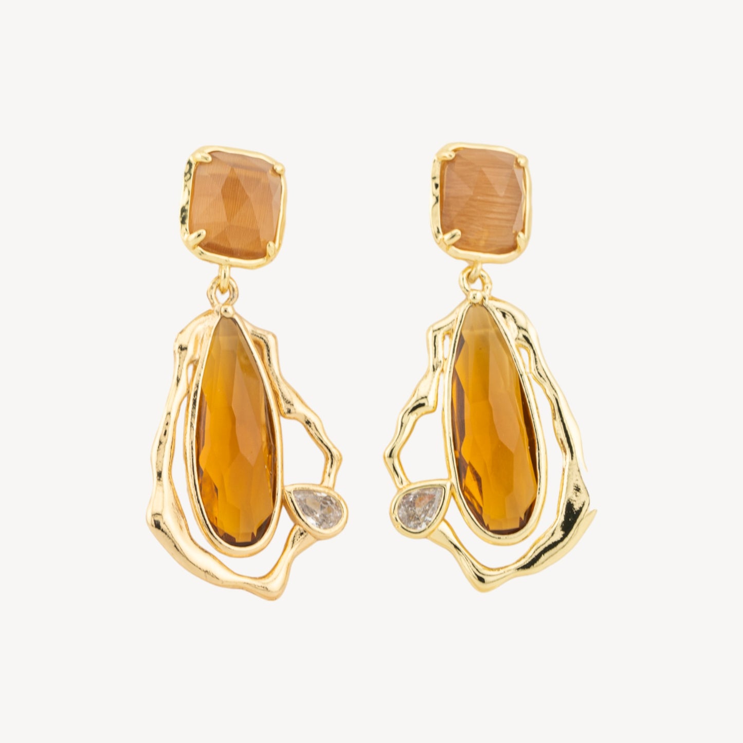 Bronze Stud Earrings with CZ Crystals and Cat's Eye Gold Plated Amber - Refined Elegance